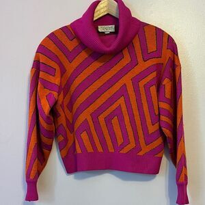 St John Vintage Geometric Abstract 80s Colorblock Knit Sweater Small Pink Orange
